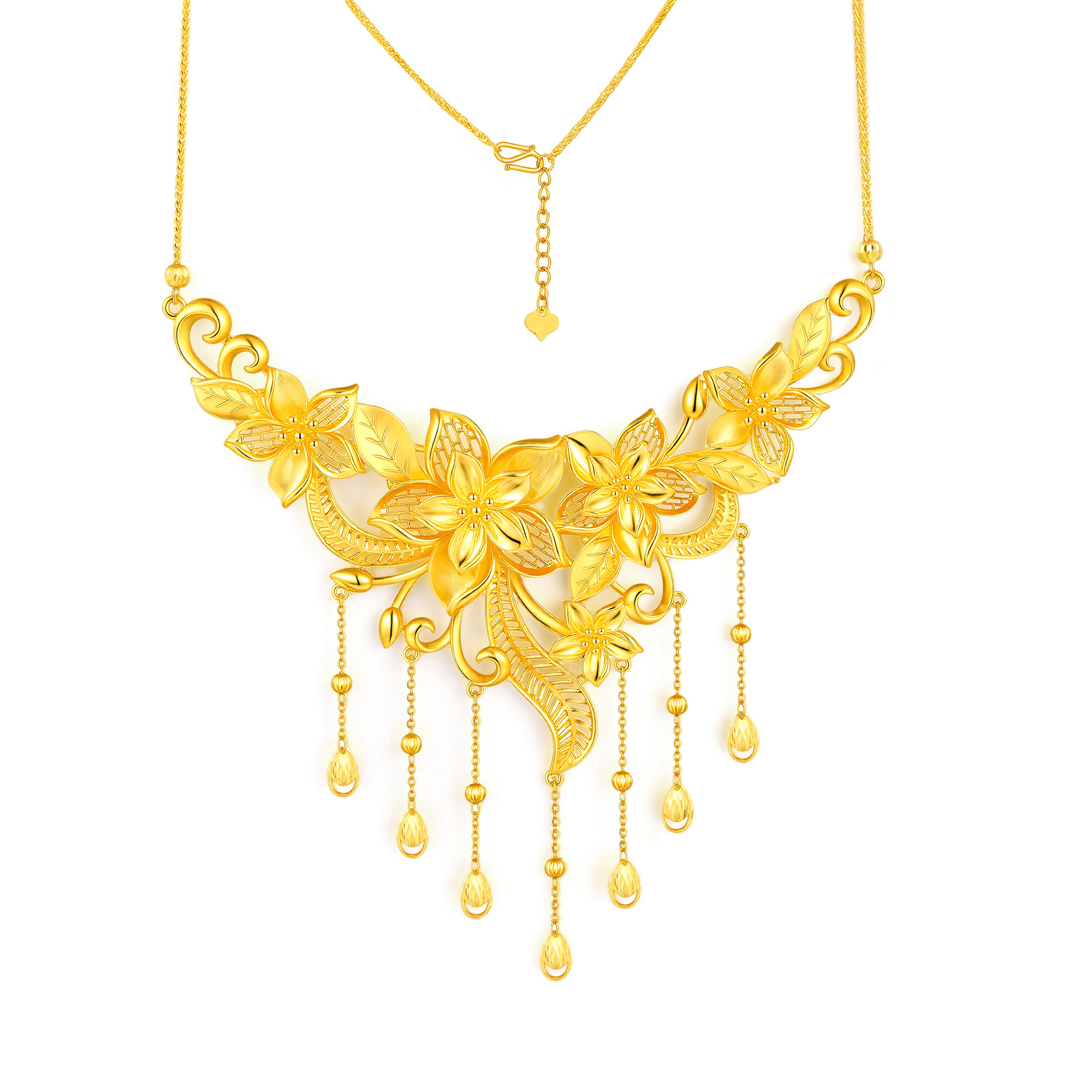 5D无氰硬金经典大气镂空三生花凤翎婚庆套链