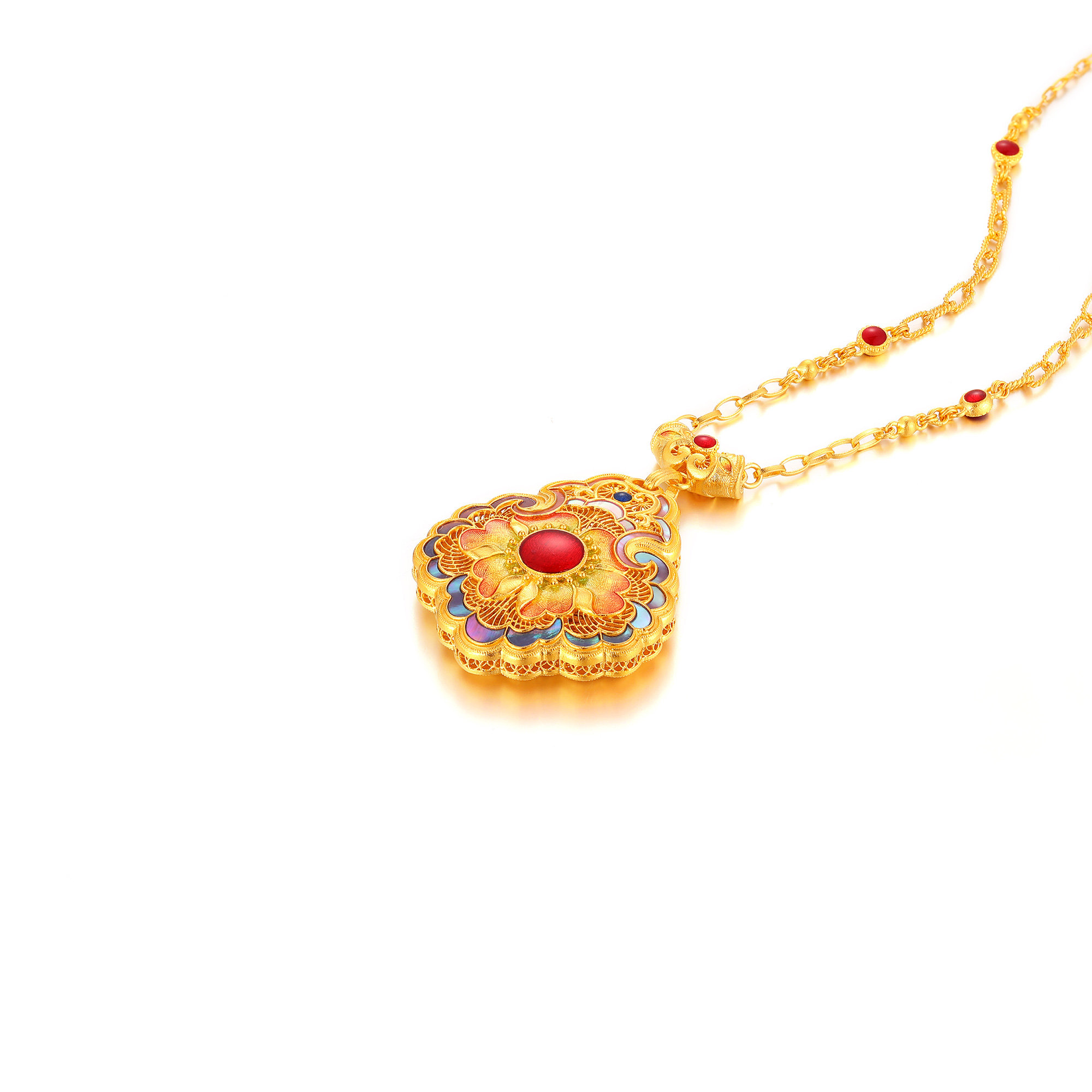 足金古法典雅国色牡丹花卉鎏彩螺钿套链