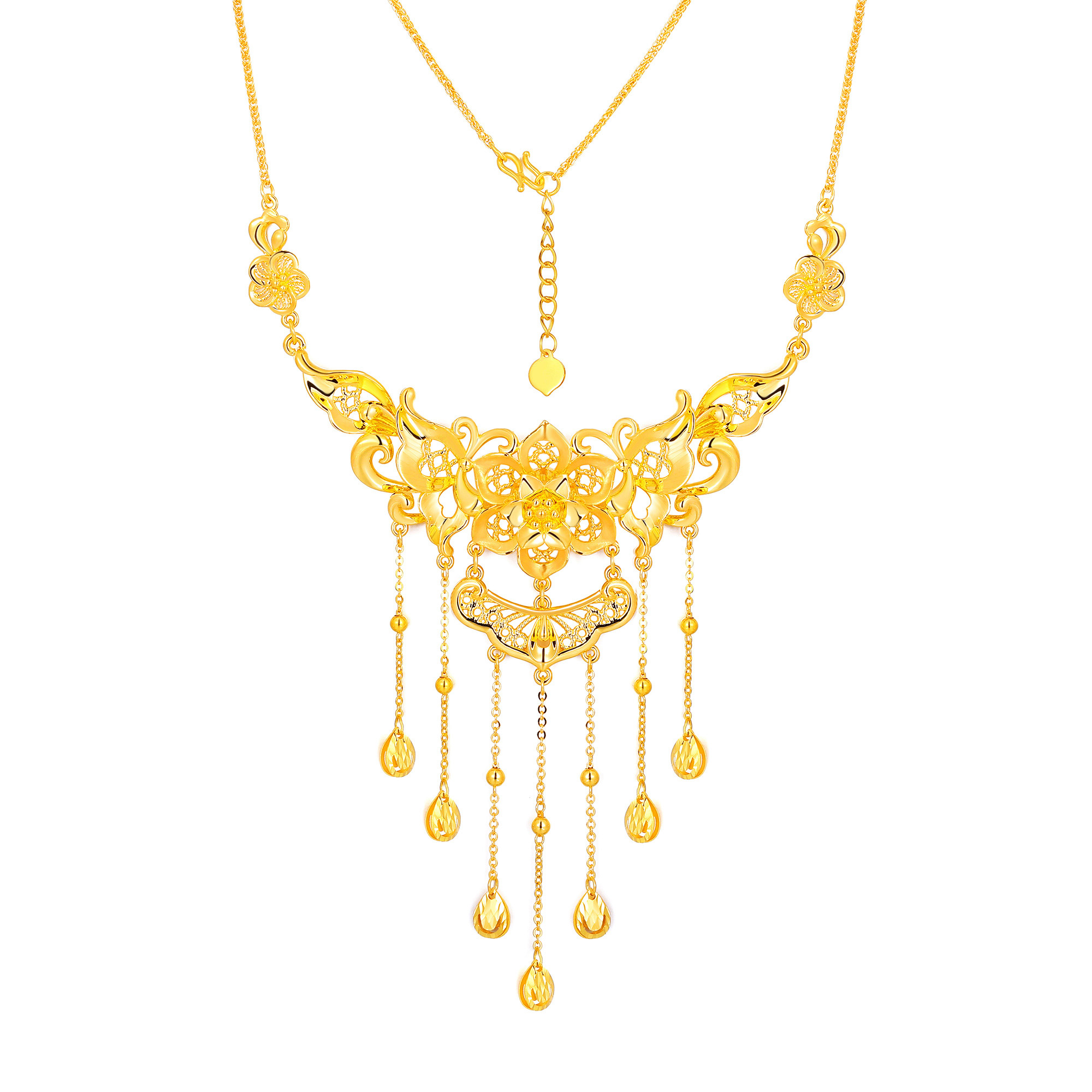 5D无氰硬金蝴蝶花卉水滴流苏婚庆套链