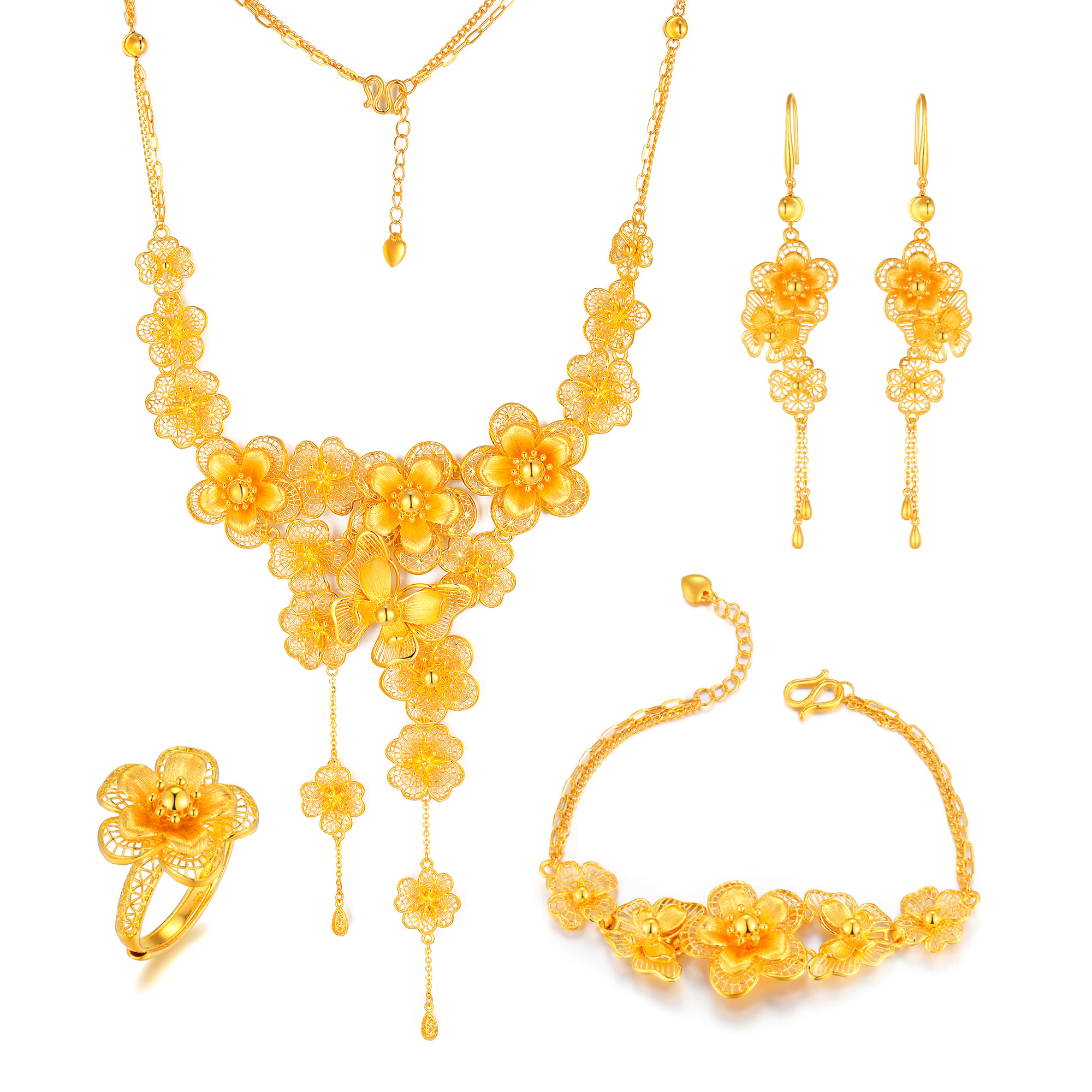 足金精品浪漫花嫁梅花流苏婚嫁套装四件套