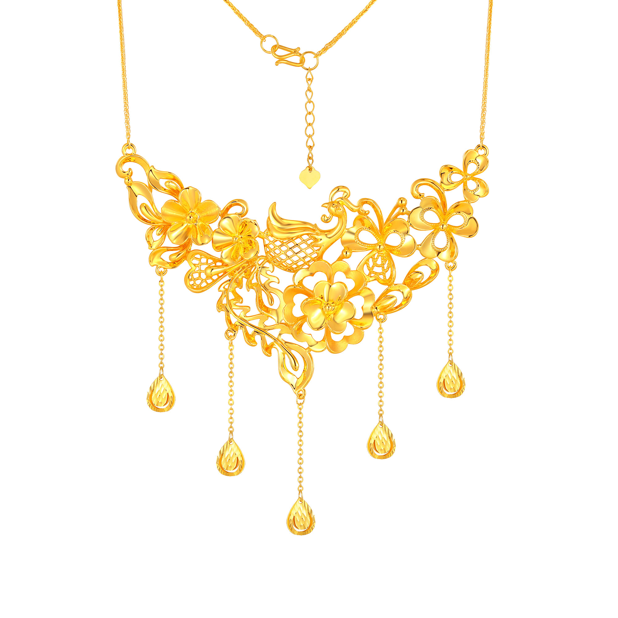 5D无氰硬金凤凰花卉水滴流苏婚庆套链