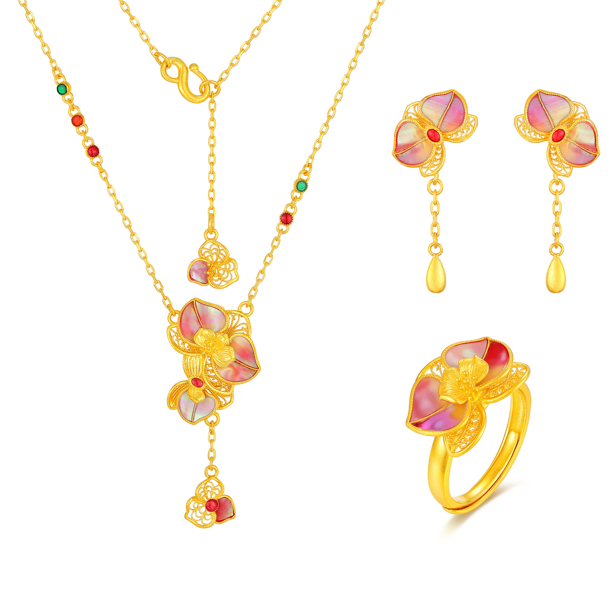 古法经典花卉蝴蝶兰花丝螺钿鎏彩套装三件套