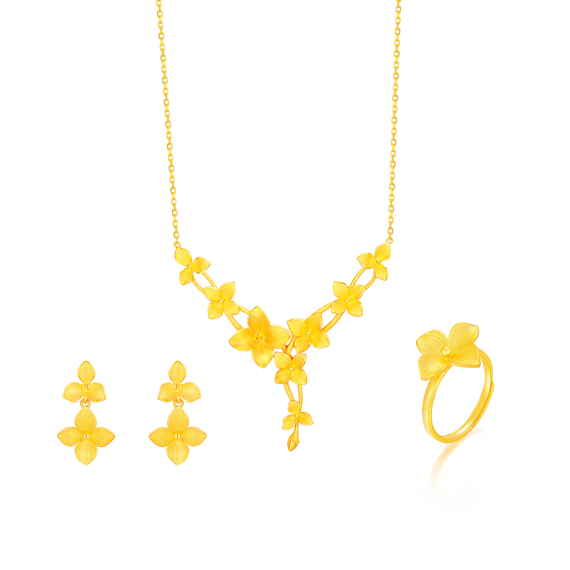 足金四瓣花卉套装三件套