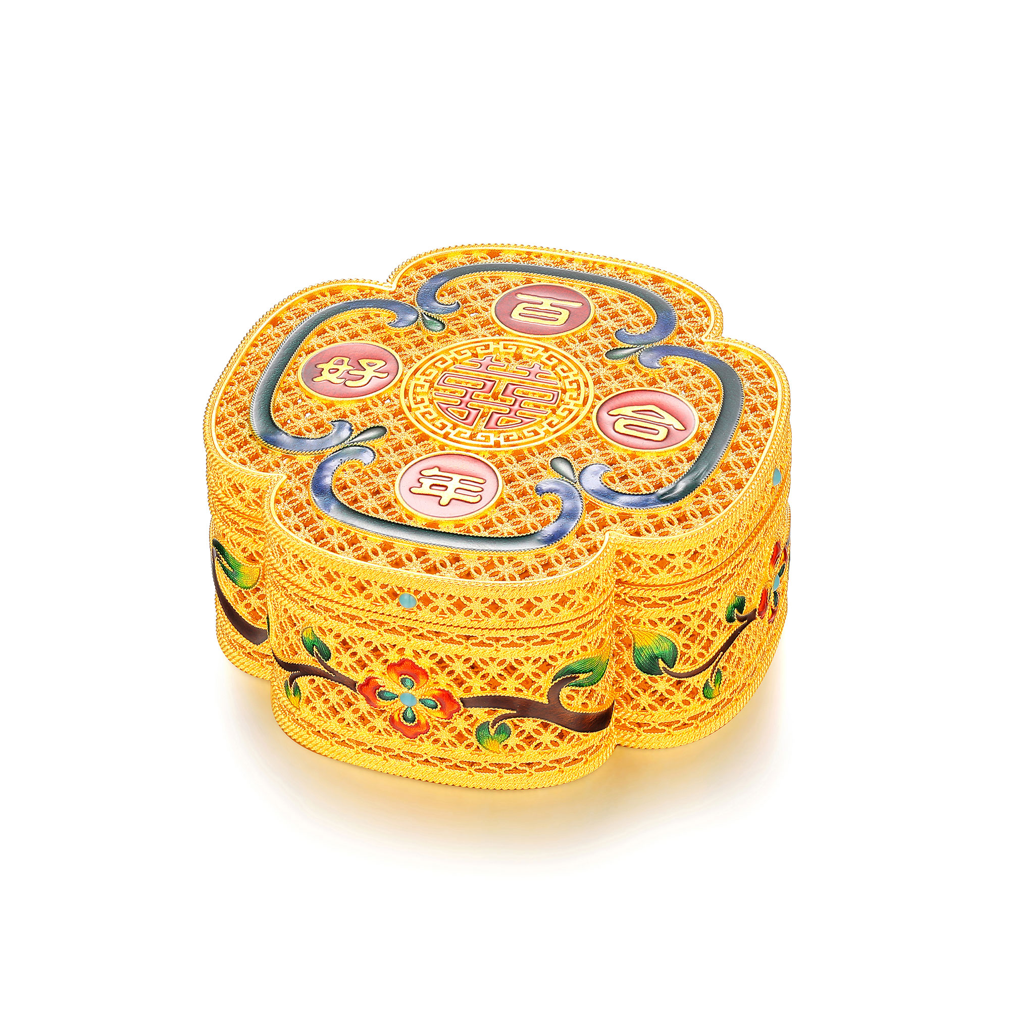 古法婚庆百年好合双喜花卉鎏彩摆件佳品