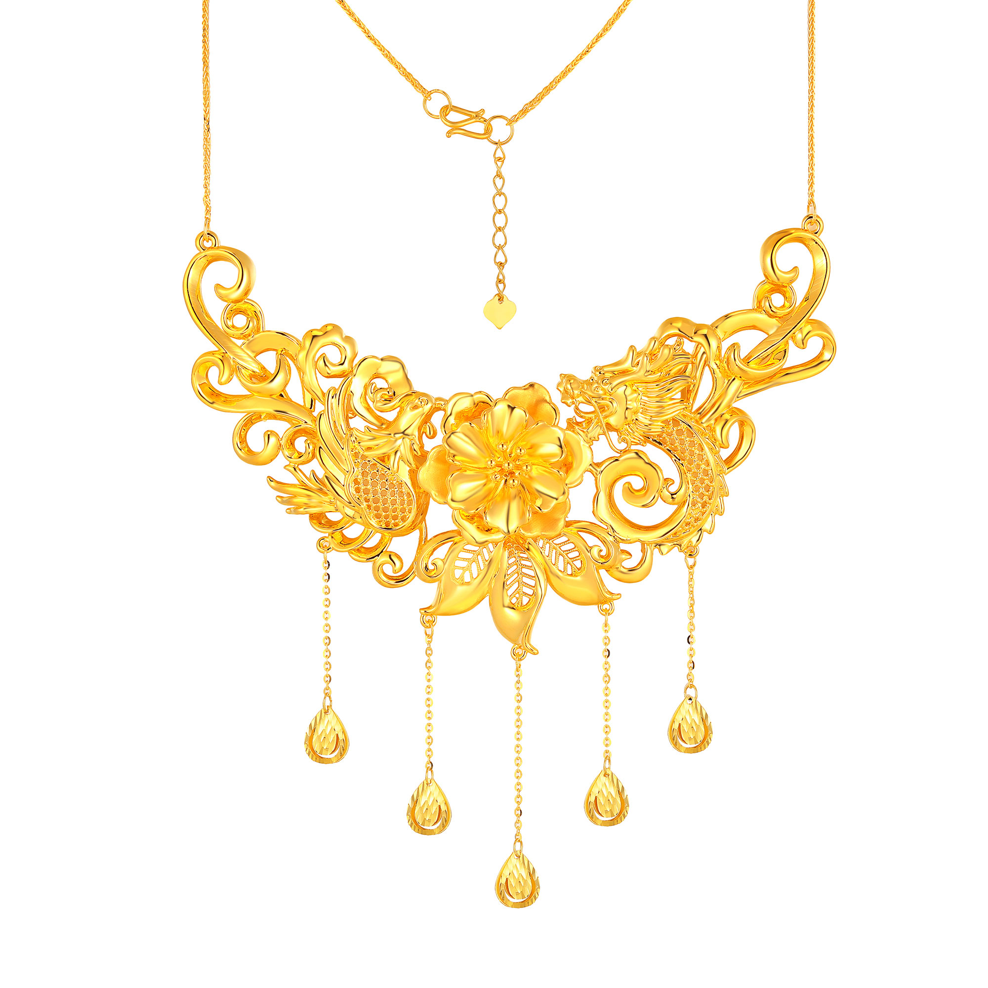 5D无氰硬金龙凤花卉水滴流苏婚庆套链