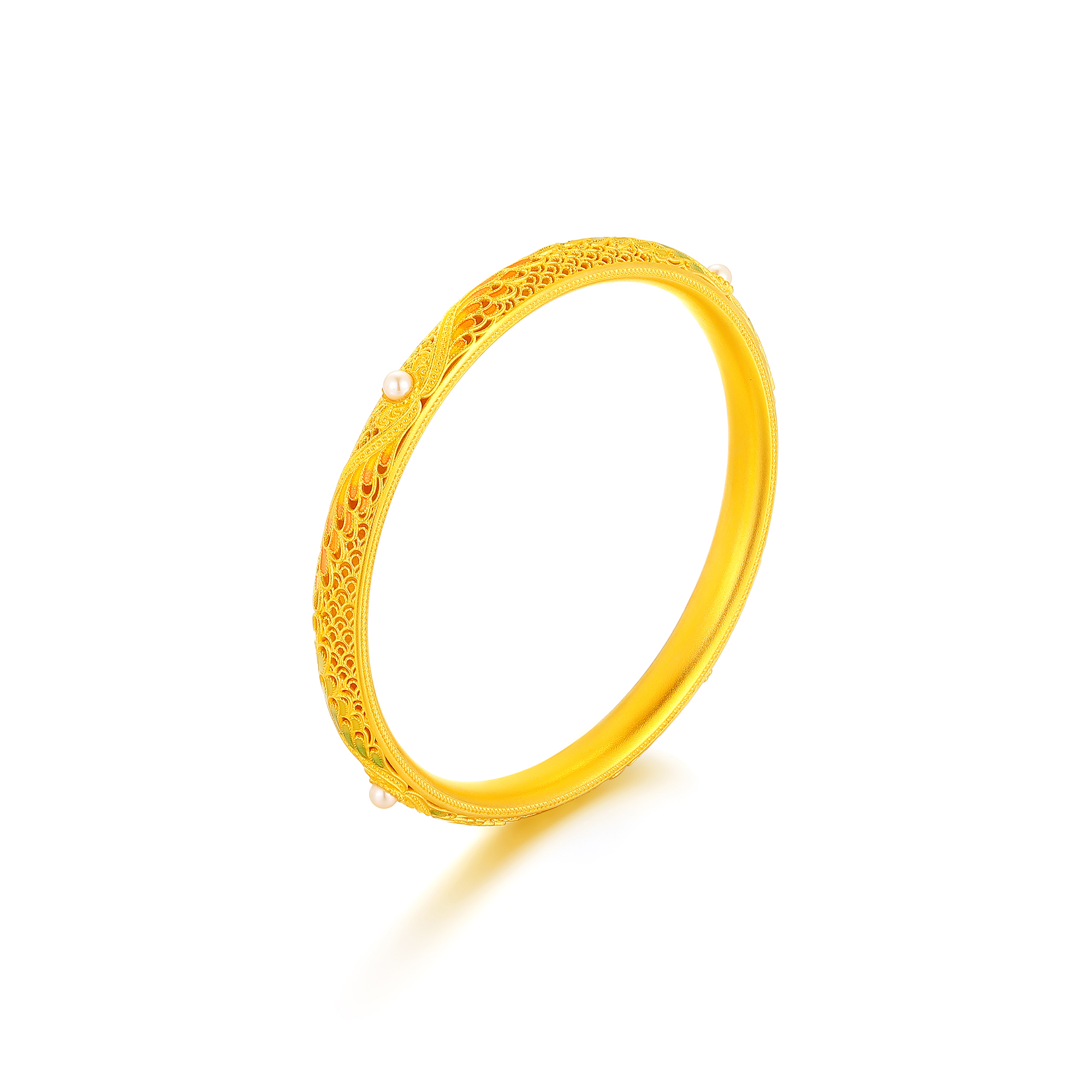 古法典雅翅膀镂空花丝珍珠鎏彩固口手镯