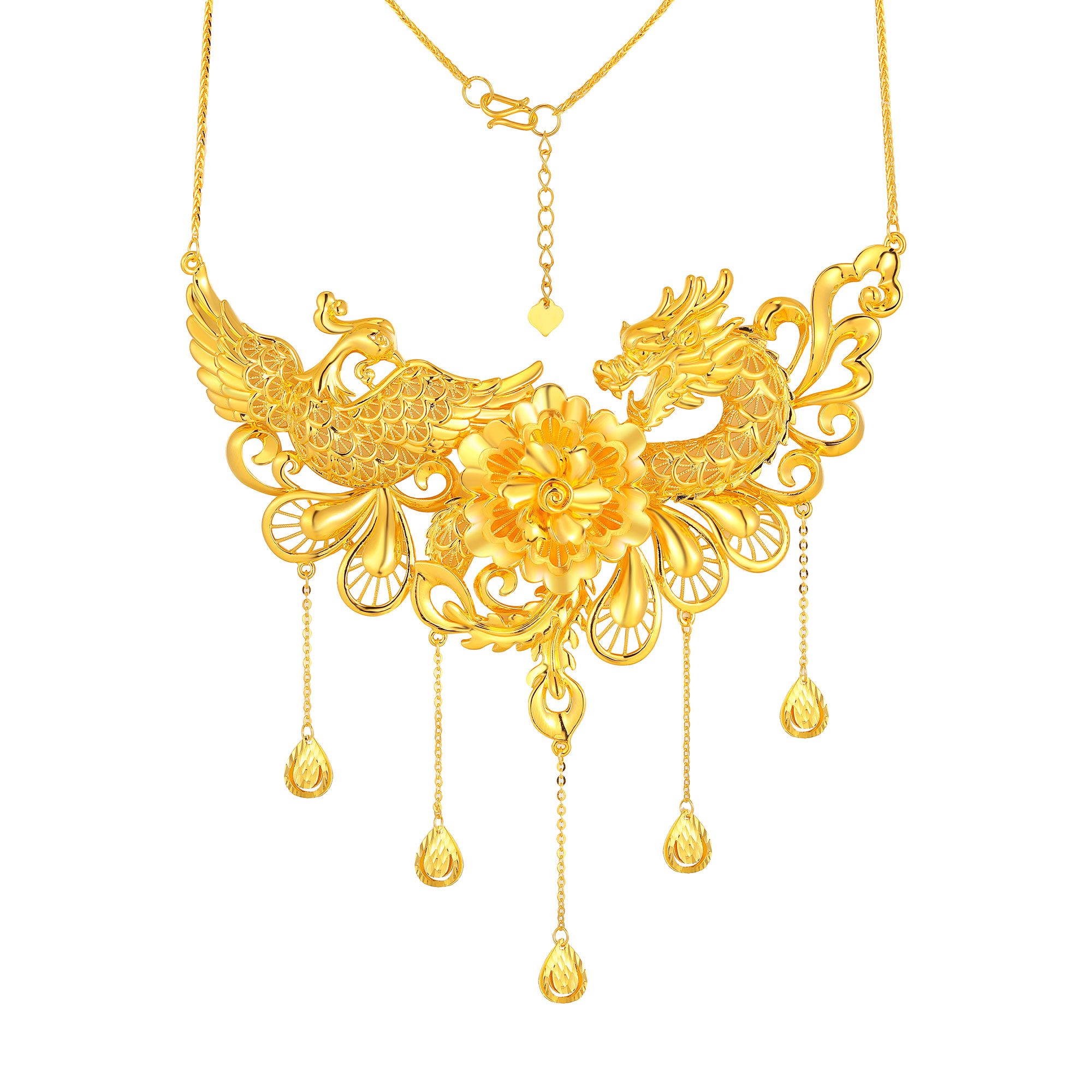 5D无氰硬金龙凤花卉水滴流苏婚庆套链