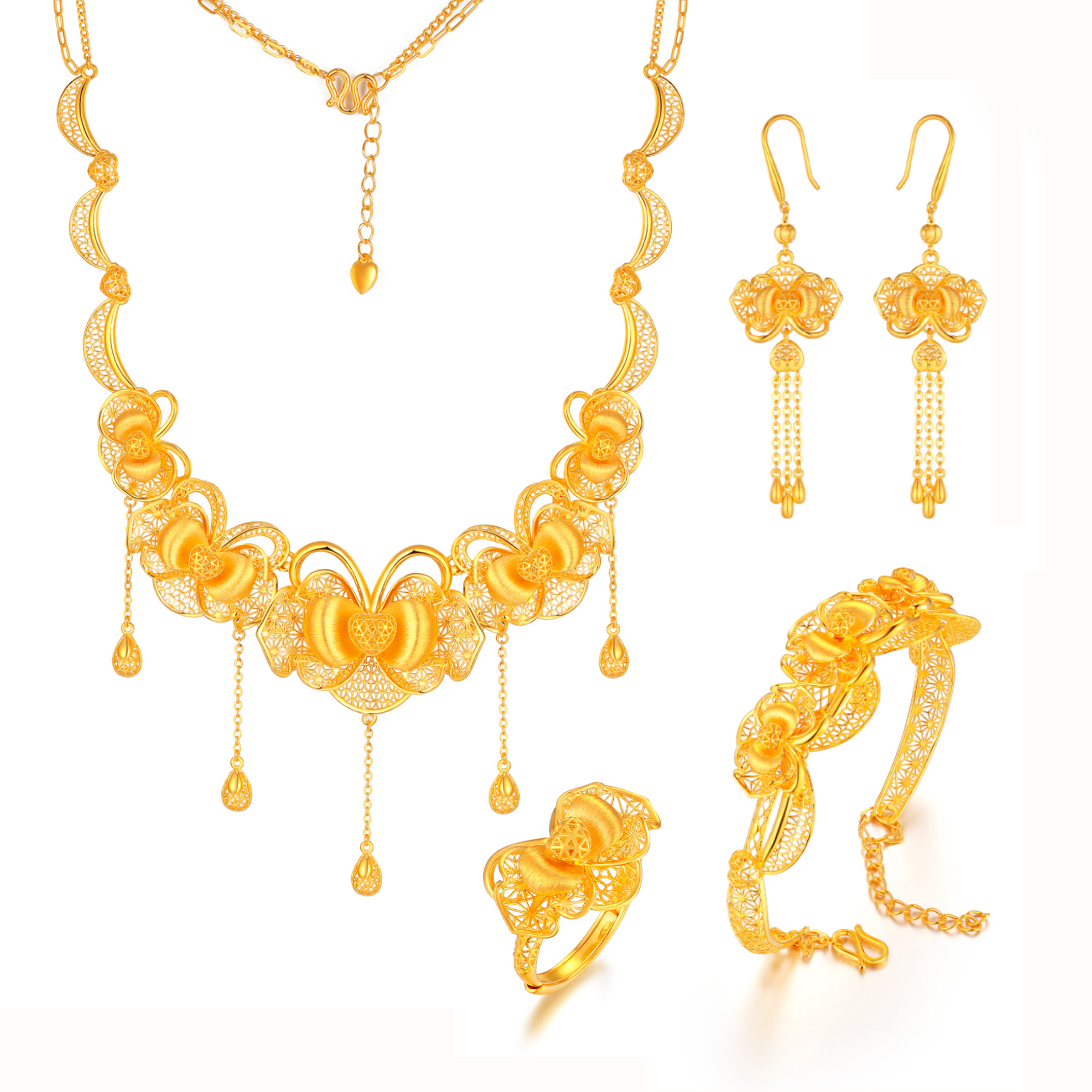 足金精品浪漫花嫁蝴蝶兰流苏婚嫁套装四件套