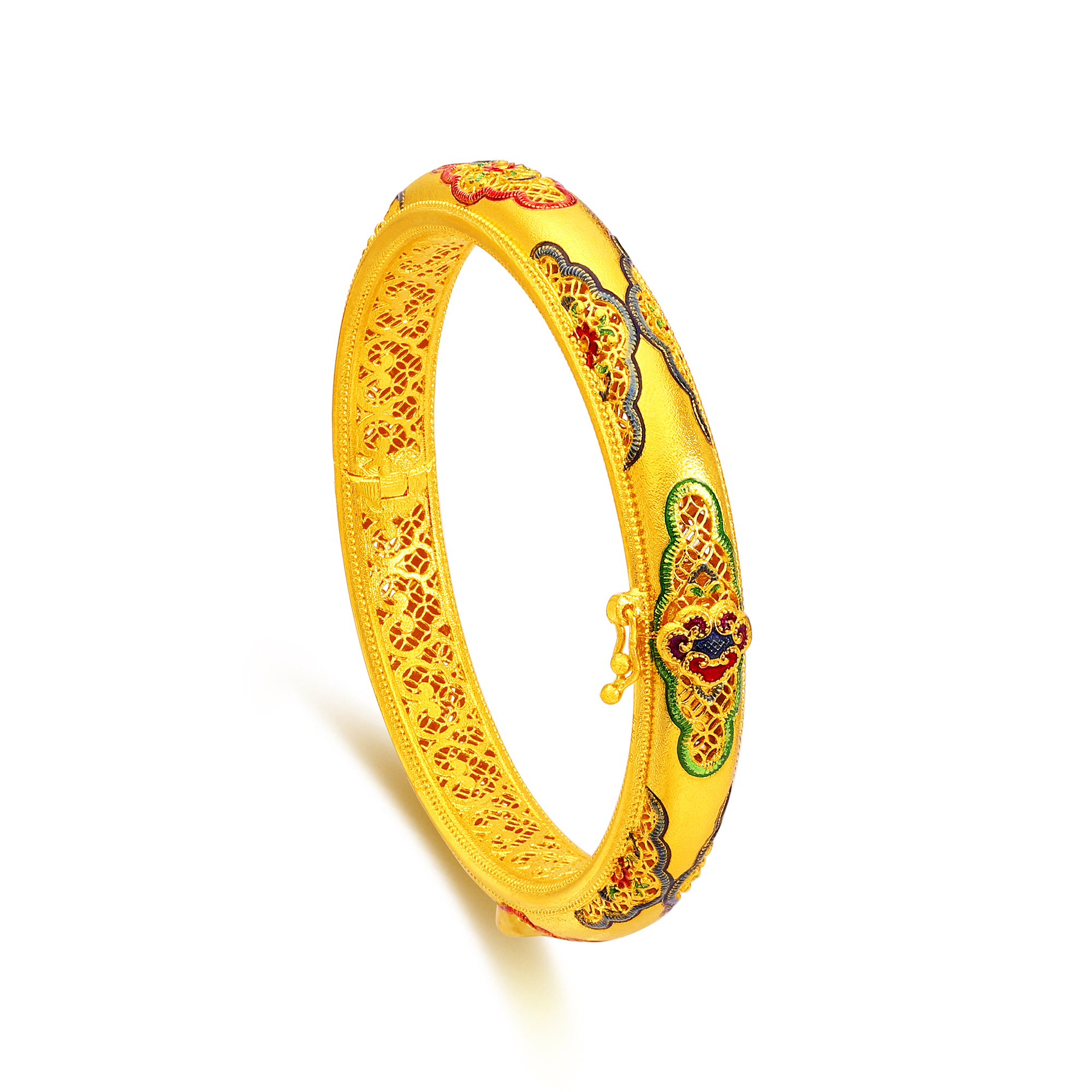 古法经典典雅花丝花卉鎏彩卡扣贵妃手镯