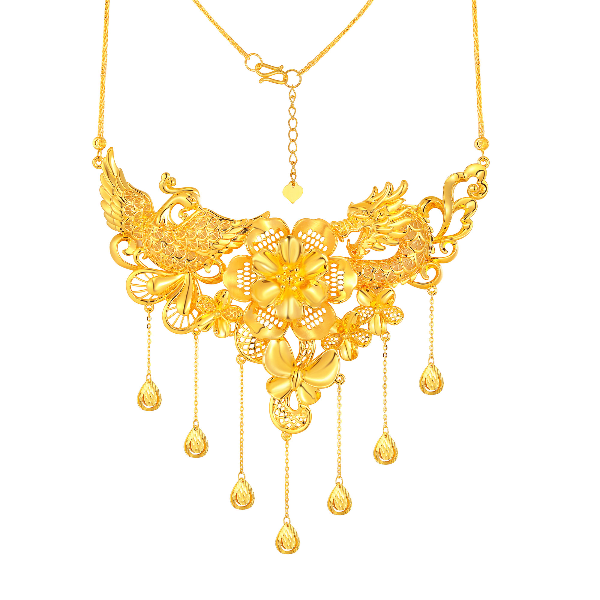 5D无氰硬金龙凤花卉水滴流苏婚庆套链