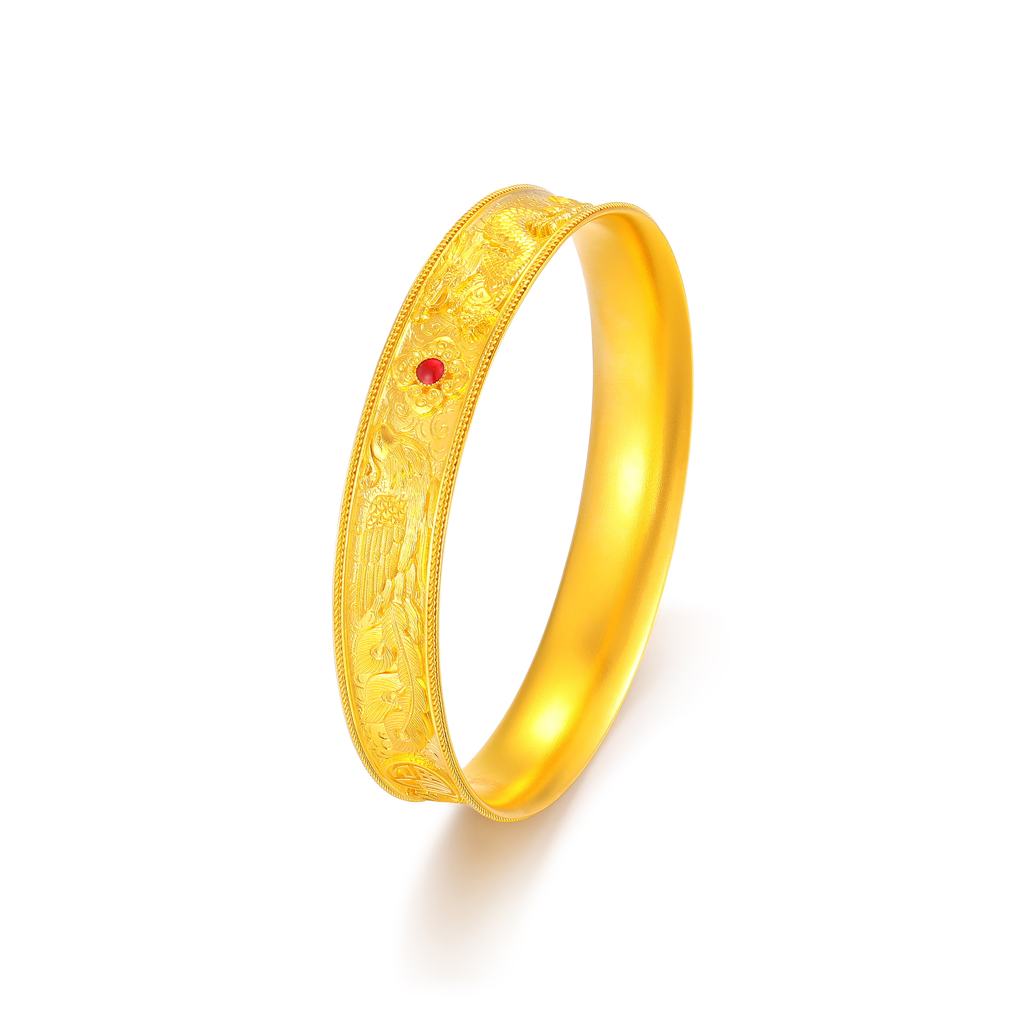 古法经典龙凤四合如意鎏彩錾刻固口手镯