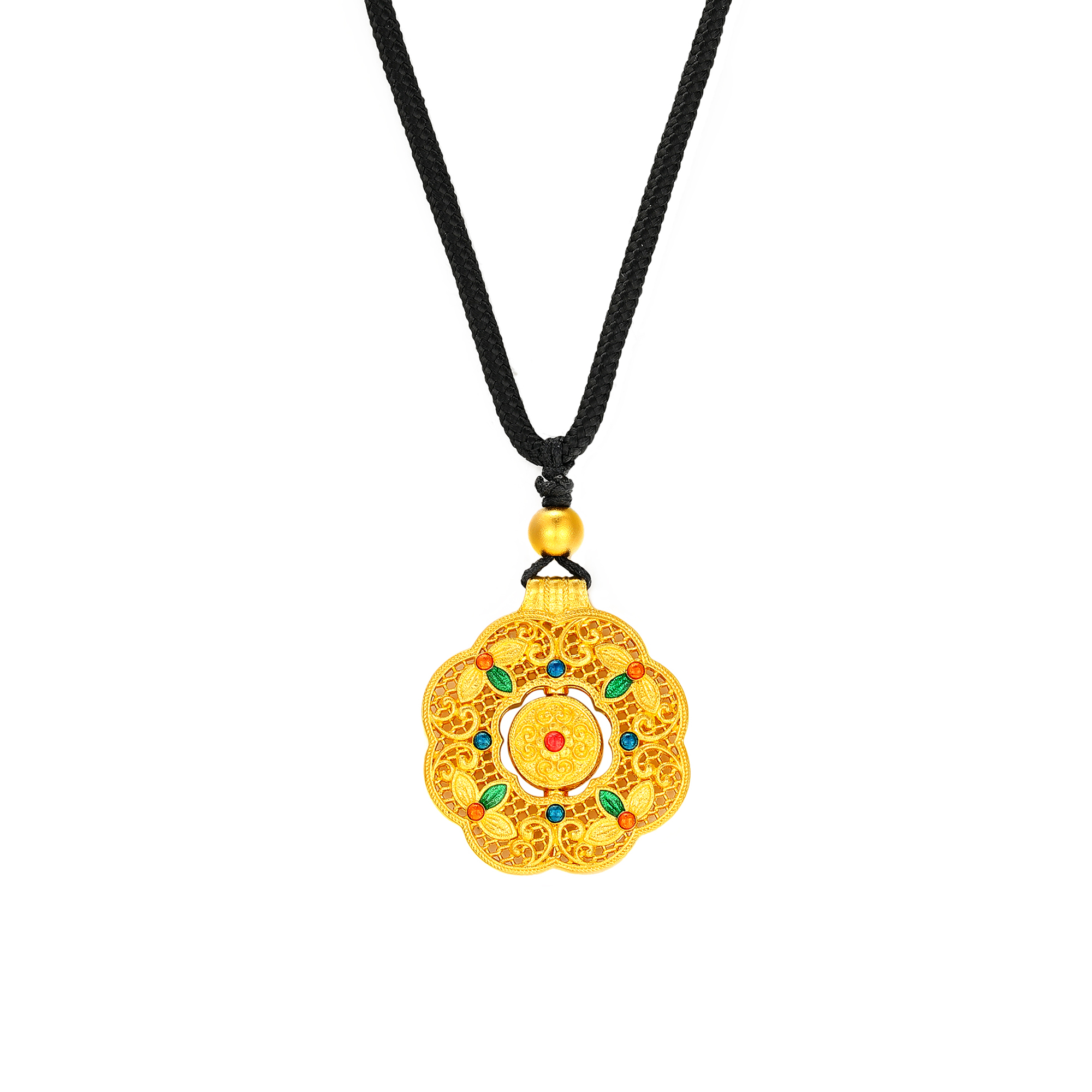 古法国潮花卉四合如意可转动鎏彩挂绳挂坠/吊坠