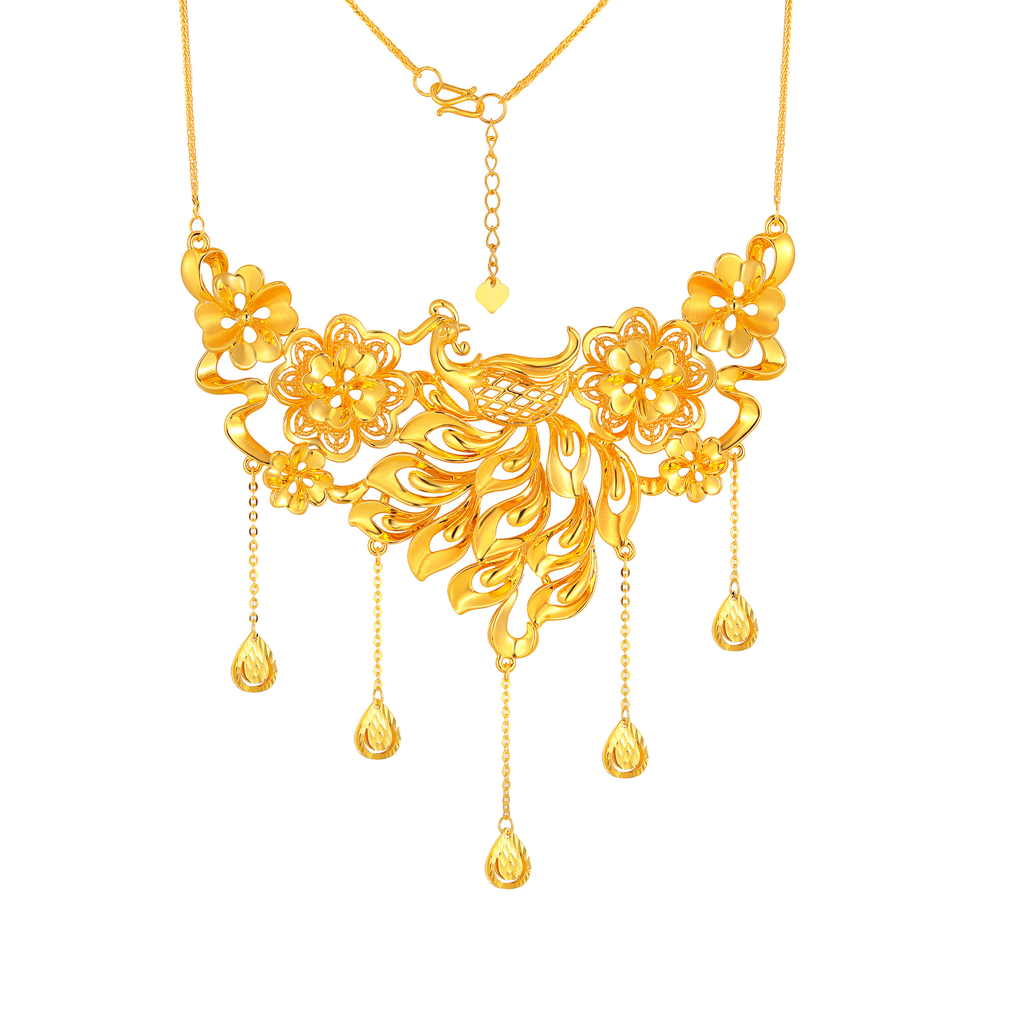 5D无氰硬金凤凰花卉水滴流苏婚庆套链