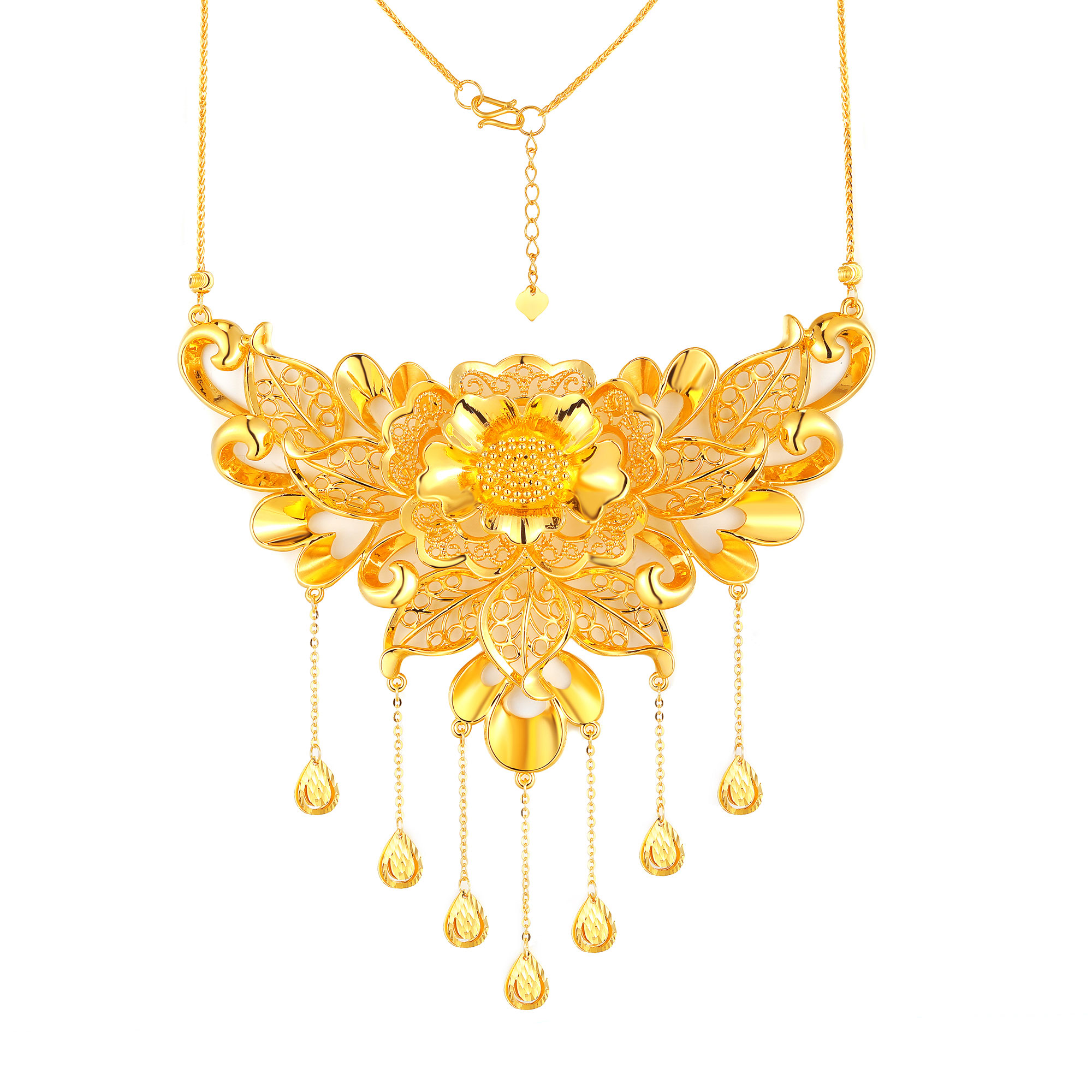 5D无氰硬金花卉卷草纹水滴流苏婚庆套链